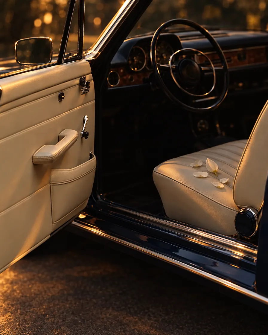 Interior of a classic car with its door open, cream leather seats and a few petals on the seat
