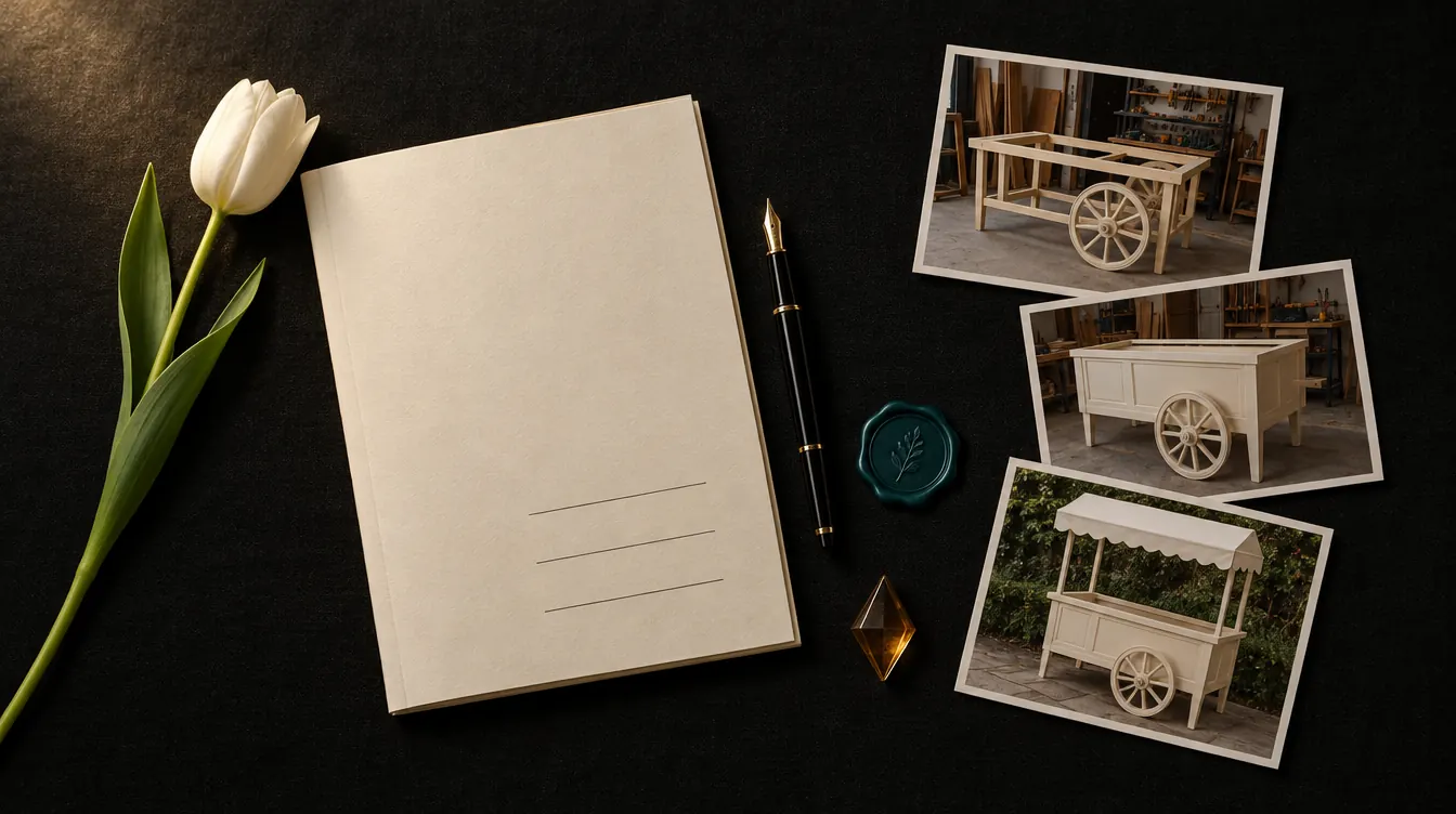A plan on a dark desk with a white tulip, a pen, a wax seal and photos of a flower cart