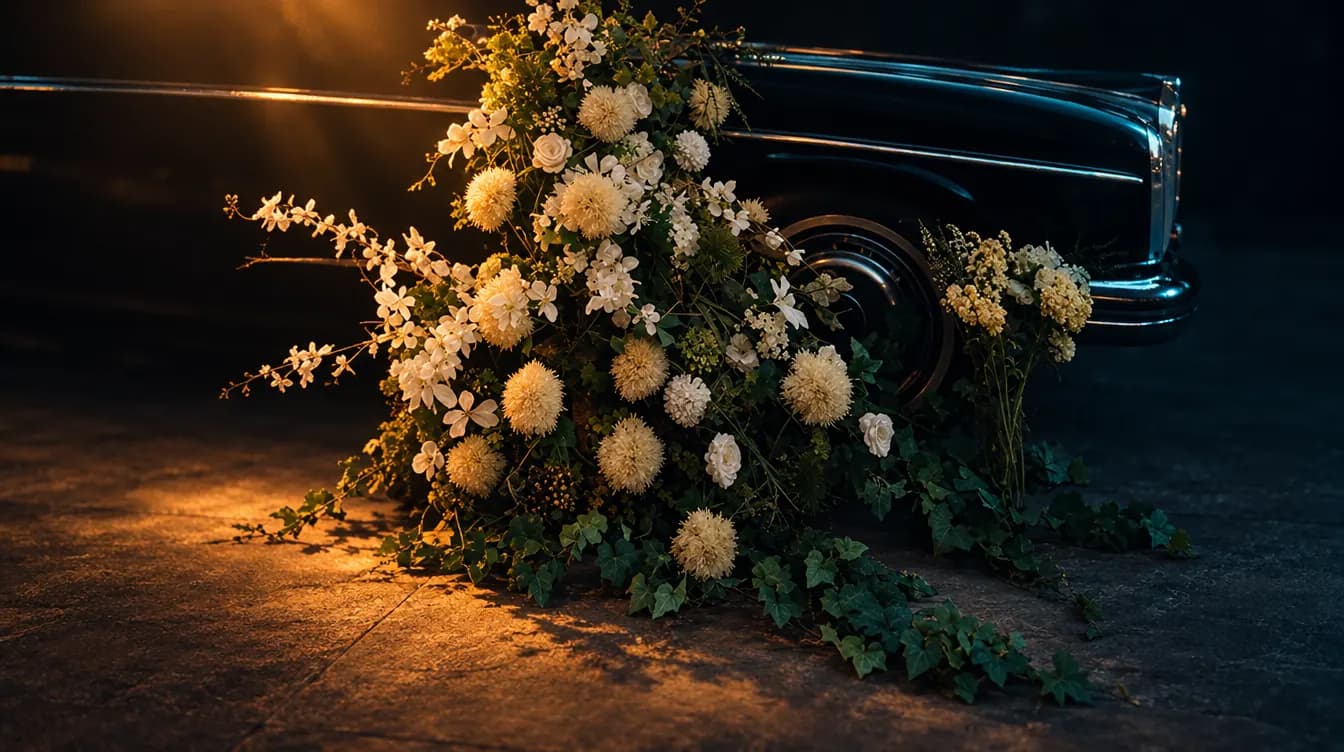 White flower arrangement at the wheel of a dark classic car, lit by a warm spotlight