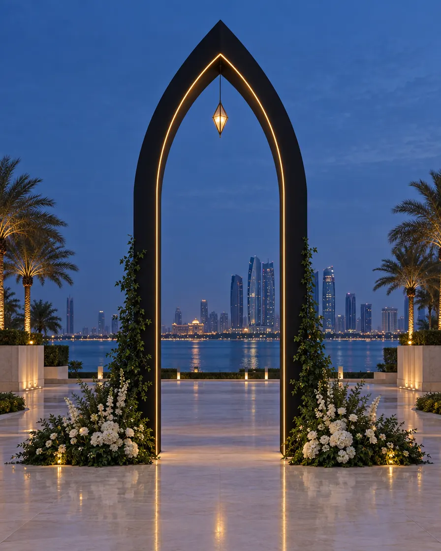 A tall arch at an entrance, framed by white flower arrangements, with a city skyline at dusk