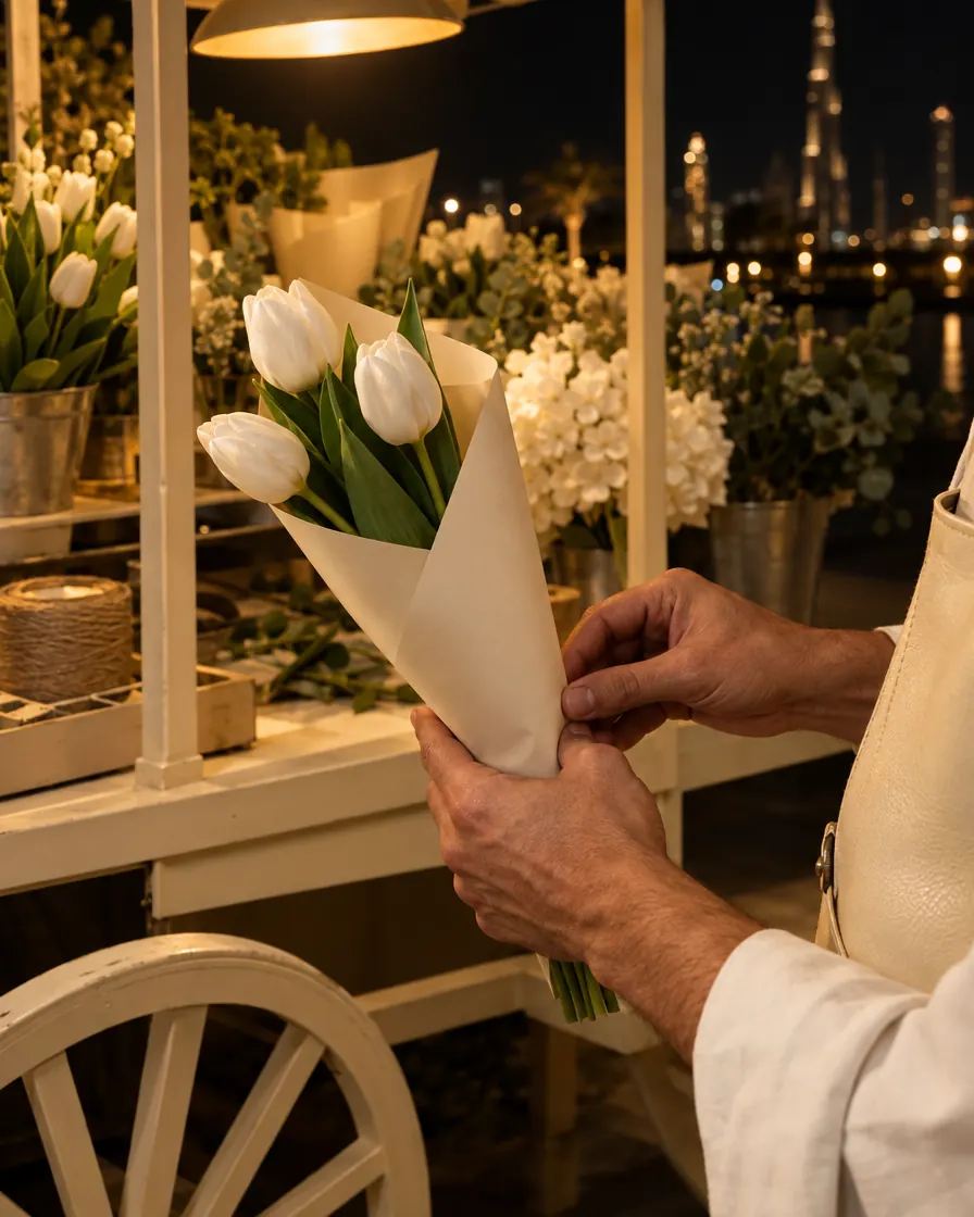 A florist’s hands wrapping white tulips in cream paper at a flower cart, with city lights behind