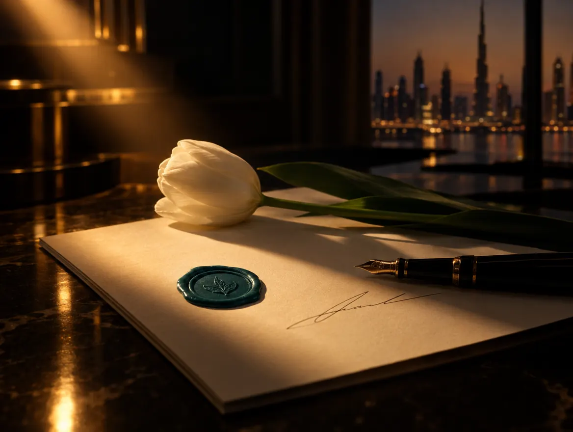 A signed document with a teal wax seal and a white tulip on a dark table, city lights behind