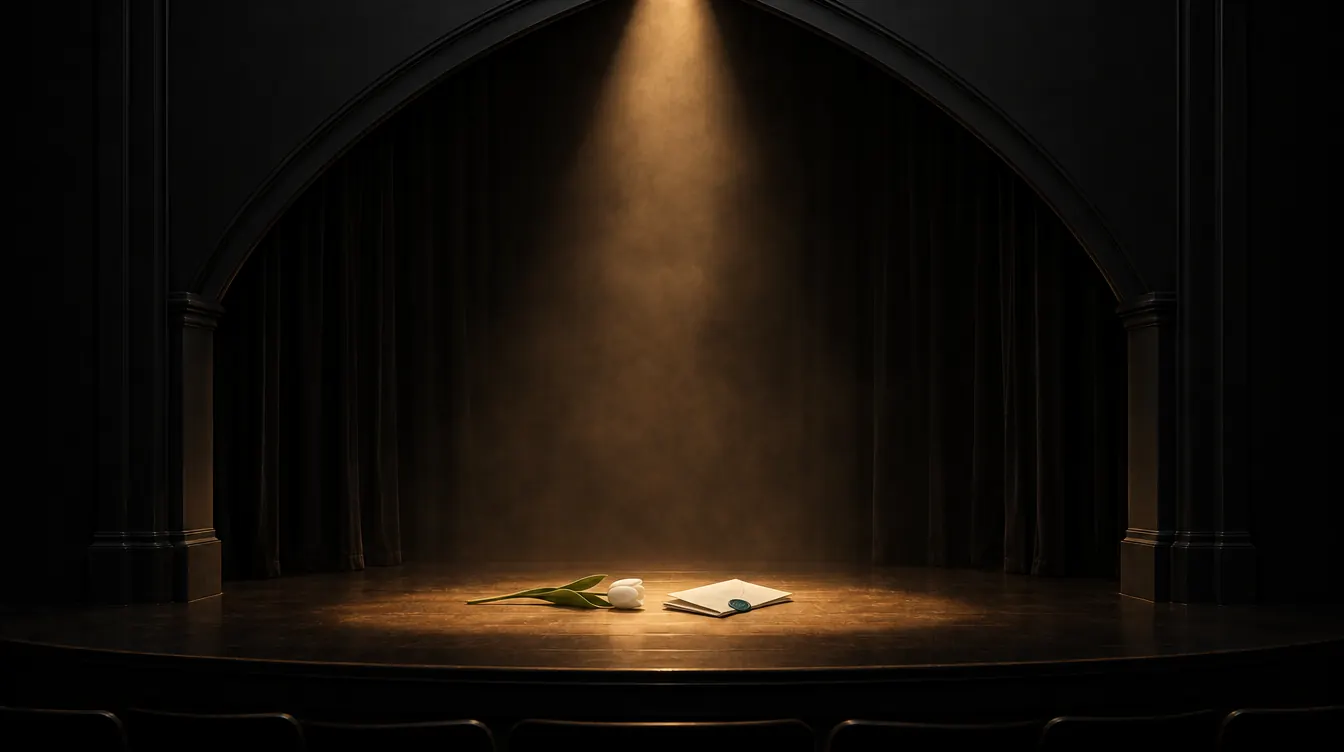 An empty stage under a single warm spotlight, with dark curtains behind