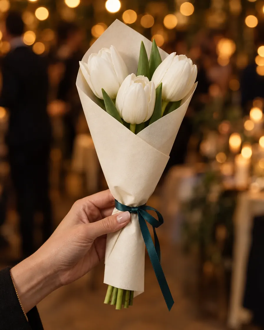 A hand holding a bouquet of white tulips wrapped in cream paper, tied with a teal ribbon, at an evening event